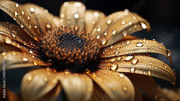 Obraz Close up of a golden flower with water droplets on its petals against a dark blurred background