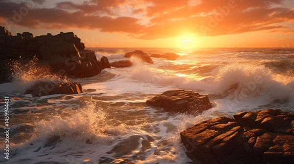 Obraz Ocean waves crashing against rocks at sunset creating a dramatic and scenic seascape view scene