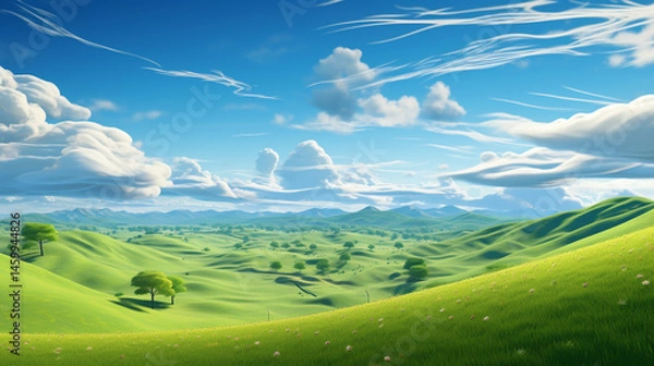 Obraz A scenic view of rolling green hills under a blue sky with scattered clouds and distant mountains