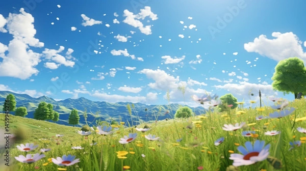 Obraz A vibrant meadow filled with wildflowers under a bright blue sky with fluffy white clouds view of distant hills