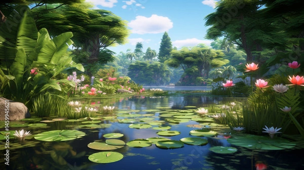 Obraz Tranquil pond with lily pads and vibrant flowers surrounded by lush greenery on a sunny day scene