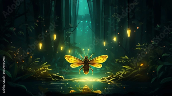 Obraz Golden moth hovering over water in a dark forest illuminated by floating lights at night time
