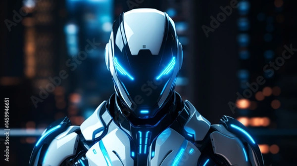Obraz Close up of a futuristic robot with glowing blue eyes and accents against a blurred cityscape