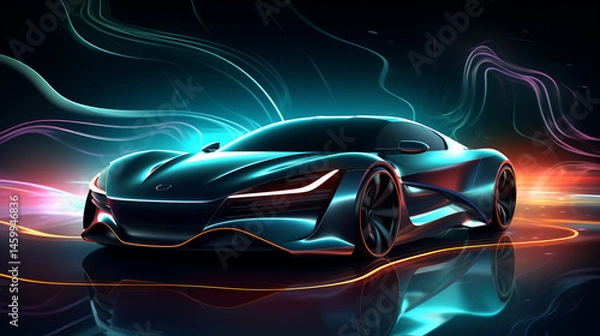 Obraz Sleek futuristic car with neon accents and reflections on a dark glossy surface in a dynamic setting