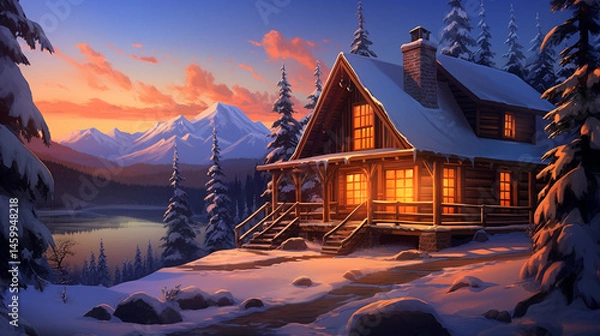 Obraz A cozy cabin nestled in a snowy landscape with mountains and a vibrant sunset in the background