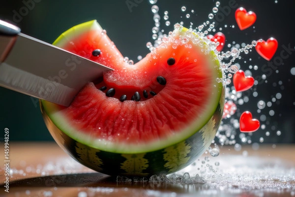 Obraz Watermelon slice smile. Close-up of watermelon wedge with knife creating illusion of smiling face while water bubbles and heart shapes splash in background.