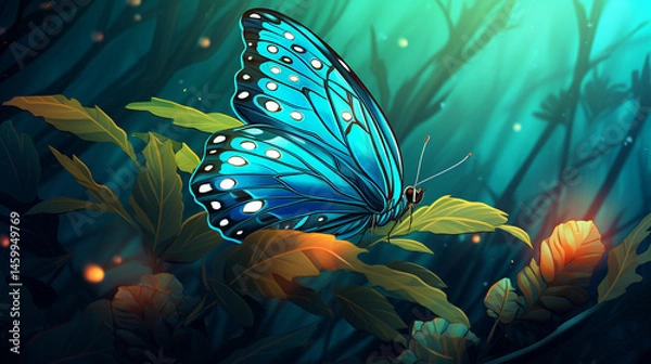 Obraz A vibrant blue butterfly with white spots perched on green leaves in a dreamy forest setting