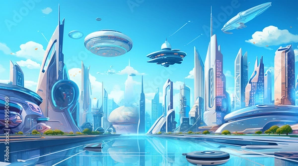 Obraz Futuristic city with flying vehicles and sleek buildings under a bright blue sky and clear water view