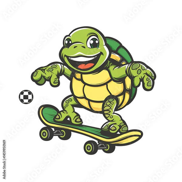 Fototapeta Cartoon Turtle on Skateboard Playing with Soccer Ball Isolated on Transparent Background