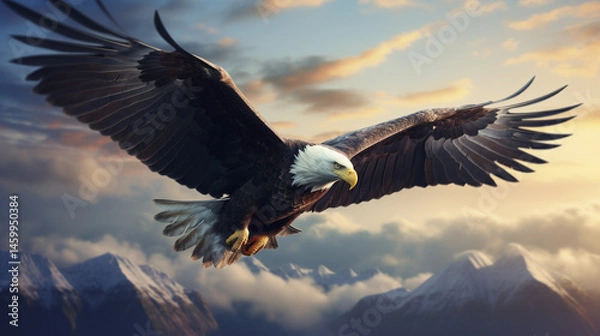 Obraz Bald eagle flying over mountains with wings spread wide against a cloudy sky at sunset time