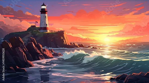 Obraz A lighthouse on a rocky coast at sunset with waves crashing against the shore and colorful sky above