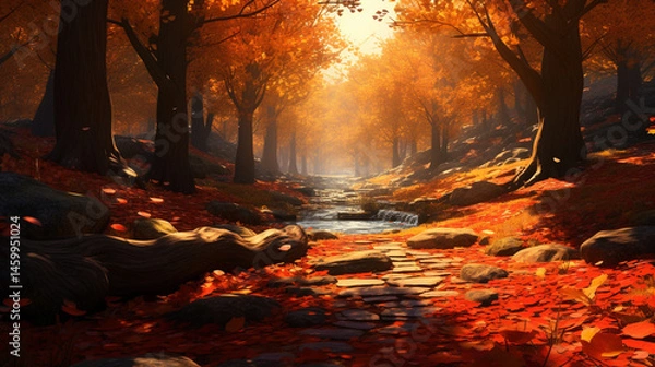 Obraz Autumnal forest path with golden leaves and a small stream running through the landscape painting