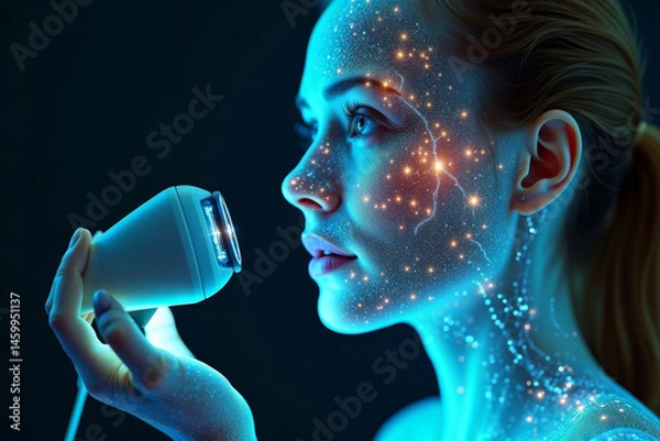 Obraz Futuristic skincare treatment. Woman using a glowing blue light therapy device on her face with particle effects for skin rejuvenation.