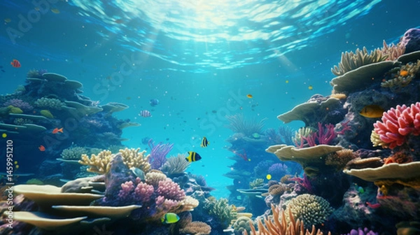 Obraz Underwater scene showcasing a vibrant coral reef with diverse fish and sunlight filtering through water