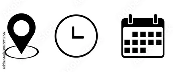 Fototapeta Set of time, date and address icon set. Clock, calendar, location pin. Vector illustration isolated on transparent background.
