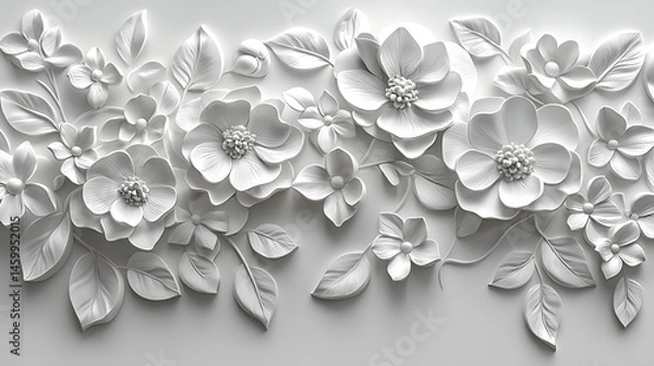 Fototapeta Sculpted white blossoms on textured background floral wall art high resolution photo