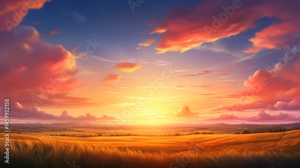 Obraz A vibrant sunset over a golden field with colorful clouds painting the sky in warm hues and soft light