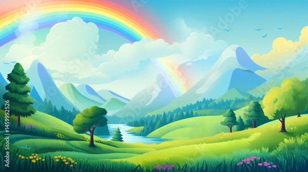 Obraz Cartoon landscape with rainbow over mountains, green hills, trees, and a river under a cloudy blue sky