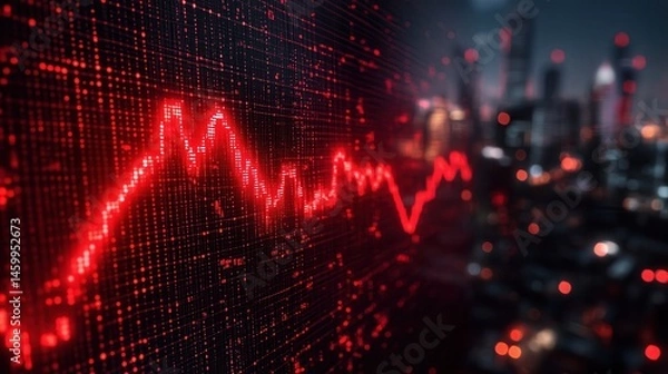 Fototapeta Red Data Line Representing Market Fluctuation Against Cityscape Backdrop