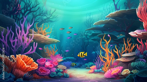 Obraz Colorful coral reef illustration with various fish and coral formations in a vibrant underwater scene