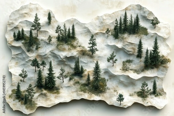Fototapeta Artistic Representation of Natural Landscape Featuring Pine Trees on Layered Terrain