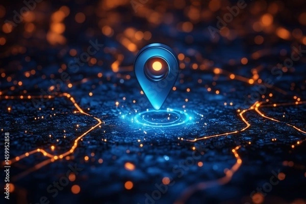 Fototapeta Blue Navigation Icon on Illuminated Digital Map Showing Futuristic Location Concept