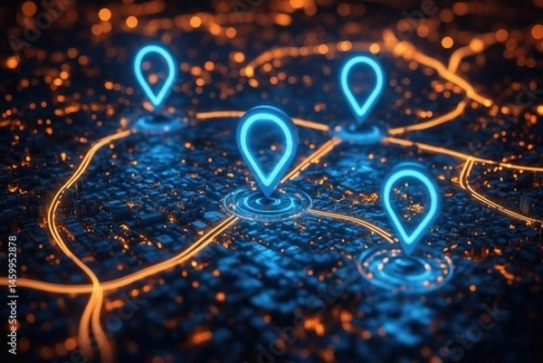 Fototapeta Digital Map with Glowing Location Markers and City Layout