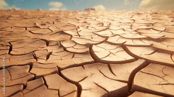 Obraz Close up view of cracked dry land with a blue sky and clouds in the background on a sunny day