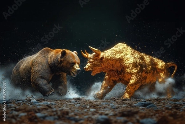 Fototapeta Dynamic Clash Between a Bear and a Bull in a Symbolic Encounter
