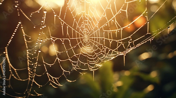 Obraz A spiderweb glistening with dew drops illuminated by the morning sun in a blurry green backdrop