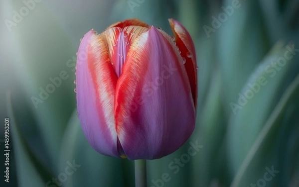 Fototapeta Macro Photo of a Single Tulip Petal in Natural Light Showing Jade-Green Veins, Dew Droplets, and Velvet Texture with Blurred Green Background and Vibrant Magenta-Coral Gradient