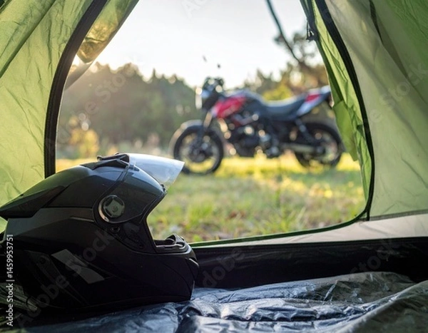 Obraz Close-up of motorcycle helmet inside tent with view of bike outside