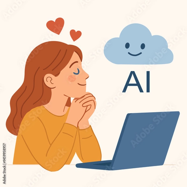 Fototapeta Happy Woman Using AI in the Cloud – Cute Artificial Intelligence Concept