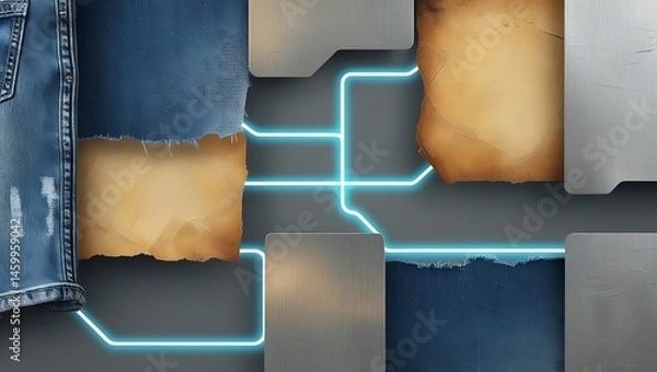 Obraz A modern abstract of American culture, blending denim, parchment, and metal textures with electric blue digital lines. It fuses tradition and tech, evoking nostalgia and contemporary business style.
