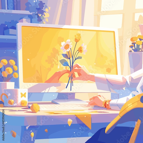 Fototapeta Virtual Bouquet: A digital artist's illustration of a person's hands holding a bouquet of flowers in front of a computer screen, conveying a sense of digital connection and online appreciation.