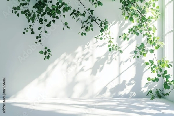 Fototapeta Sunlit room with lush hanging greenery and leafy shadows on white wall