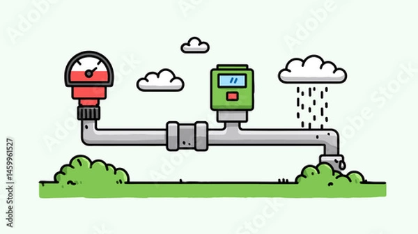 Fototapeta Water Metering: A simplified illustration of a water metering setup, showcasing the measurement and management of water flow, symbolizing efficiency and resource monitoring.