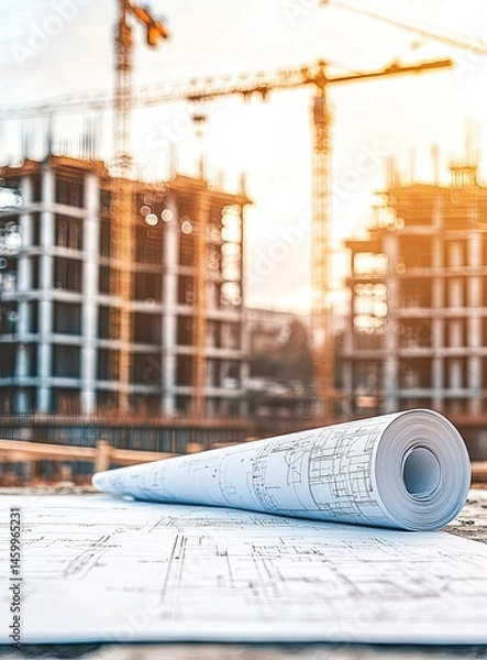 Fototapeta Construction blueprints on a site.  Rolled plans for a building project