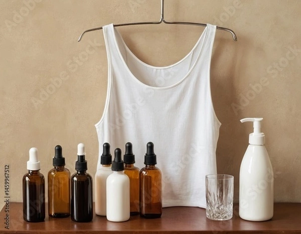 Fototapeta Minimalist display of skincare products and a white tank top on a wooden shelf, exuding a calming, natural vibe.
