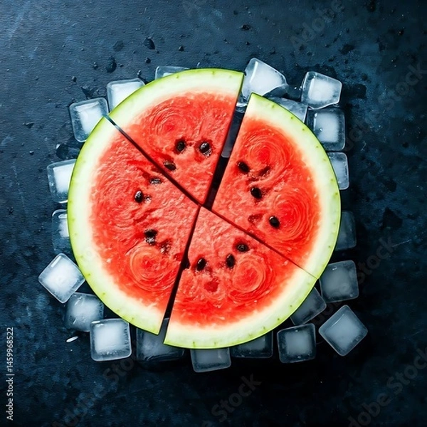 Obraz water mellon in pieces on the ice blocks top view.