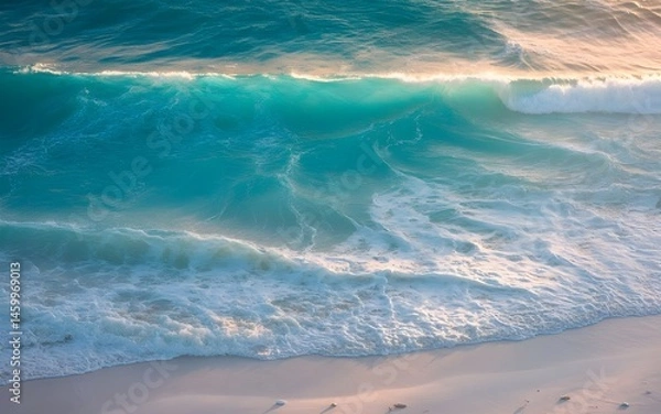 Fototapeta Aerial View of Turquoise Ocean Waves Crashing on White Sand Shoreline with Seafoam Patterns, Clear Blue Water, and Sunlit Ripples — Captivated from a Drone in Top-Down Perspective