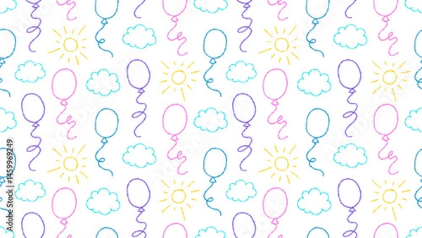 Fototapeta Crayon background with clouds, sun and balloons flying in sky. Abstract hand drawn seamless pattern for birthday party, gift wrapper, decoration with chalk balloons in sky, vector illustration