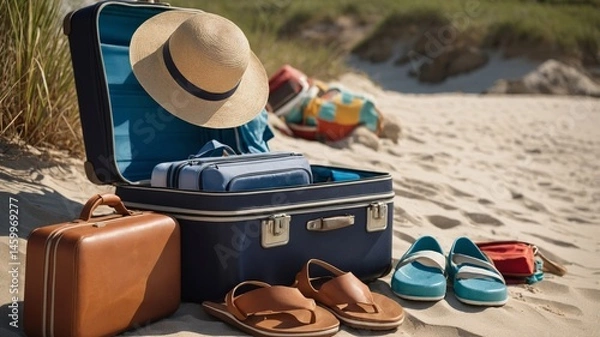 Fototapeta Summer vacation at the beach: retro suitcases, straw hats, maps and a vintage camera on the sand by the sea.