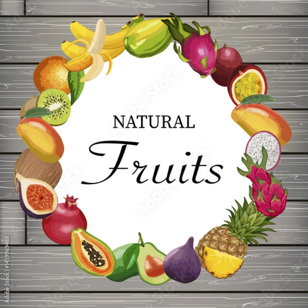 Fototapeta Illustration with fruits on a wooden background.Colored vector illustration with tropical fruits on wooden background with text.