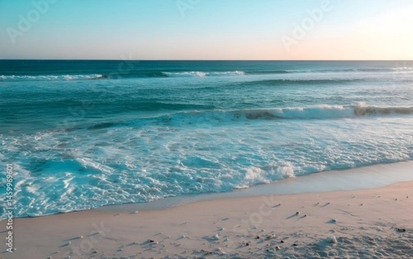 Fototapeta Aerial View of Turquoise Ocean Waves Crashing on White Sand Shoreline with Seafoam Patterns, Clear Blue Water, and Sunlit Ripples — Captivated from a Drone in Top-Down Perspective