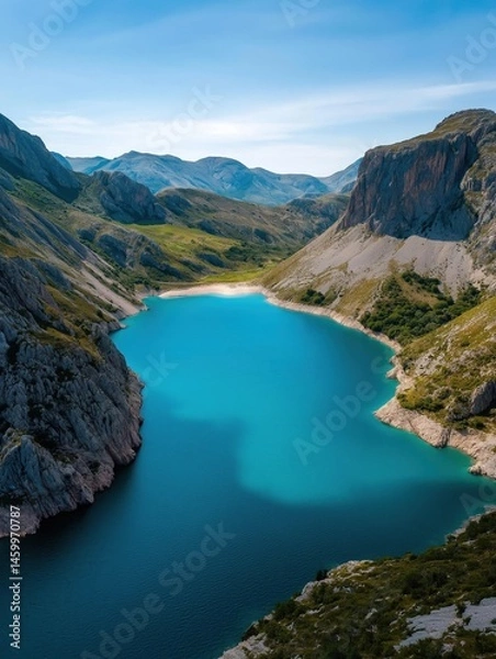 Fototapeta Beautiful landscape of a mountainous area with a large lake in the center. the lake is a deep turquoise color and is surrounded by rocky cliffs on both sides.