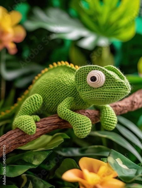 Fototapeta Close-up of a crocheted chameleon sitting on a branch. the lizard is green in color with orange and yellow accents on its body. it has a round head with a small white eye in the center.