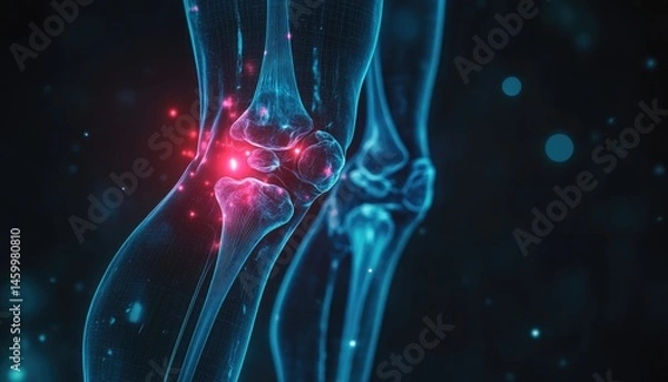 Fototapeta Knee joint pain visualization.  Detailed 3D anatomical representation of the affected knee joint with highlighted pain points