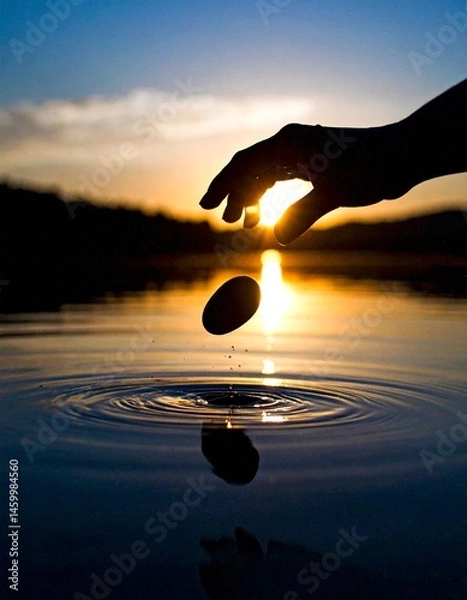 Obraz Close-up of small skipping stone caught mid-air above still water surface, motion blur and shallow depth of field, golden hour light, no people