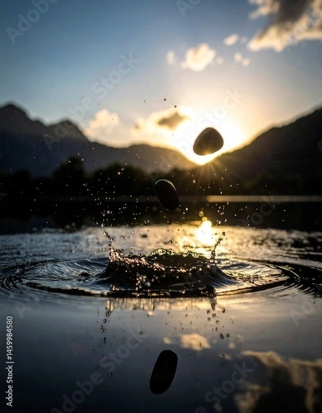 Obraz Close-up of small skipping stone caught mid-air above still water surface, motion blur and shallow depth of field, golden hour light, no people
